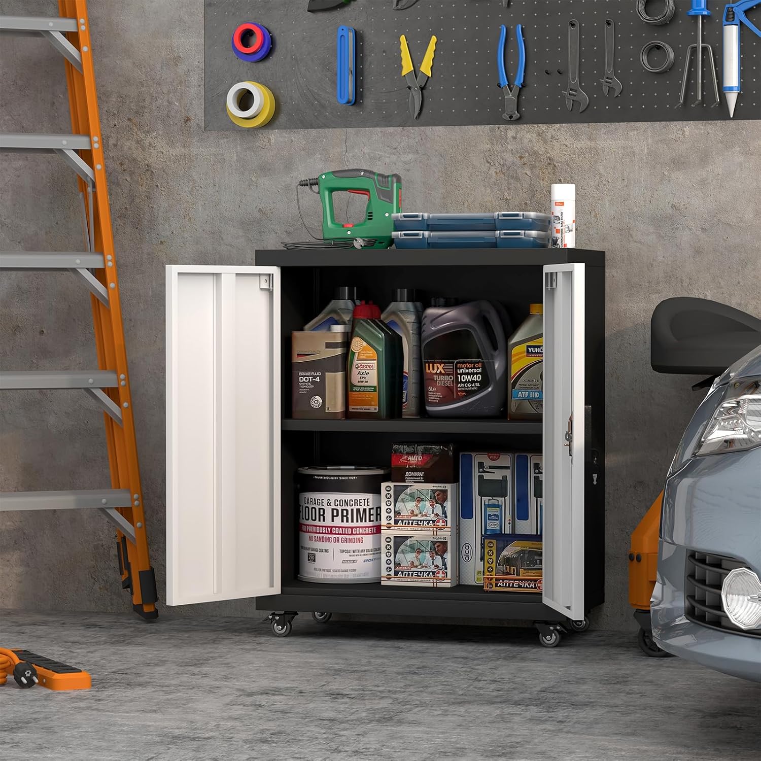 Metal Storage Cabinet with Wheels, Steel Mobile Garage Cabinets with Lockable Door and Adjustable Shelf, Metal Rolling Tool Cabinet, Utility Cabinet for Home, Office, Black+Gray