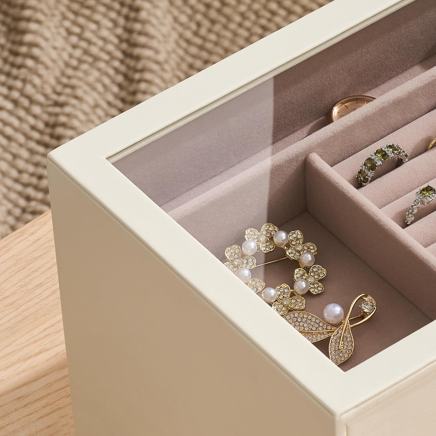 pickpiff Jewelry Box Organizer Case for Women: 5-Layer Jewelry Storage Case with Glass Window, Ivory Leather with Pink Velvet, Holder for Ring Necklace Bracelet Brooch Watch, Great Gift for Her