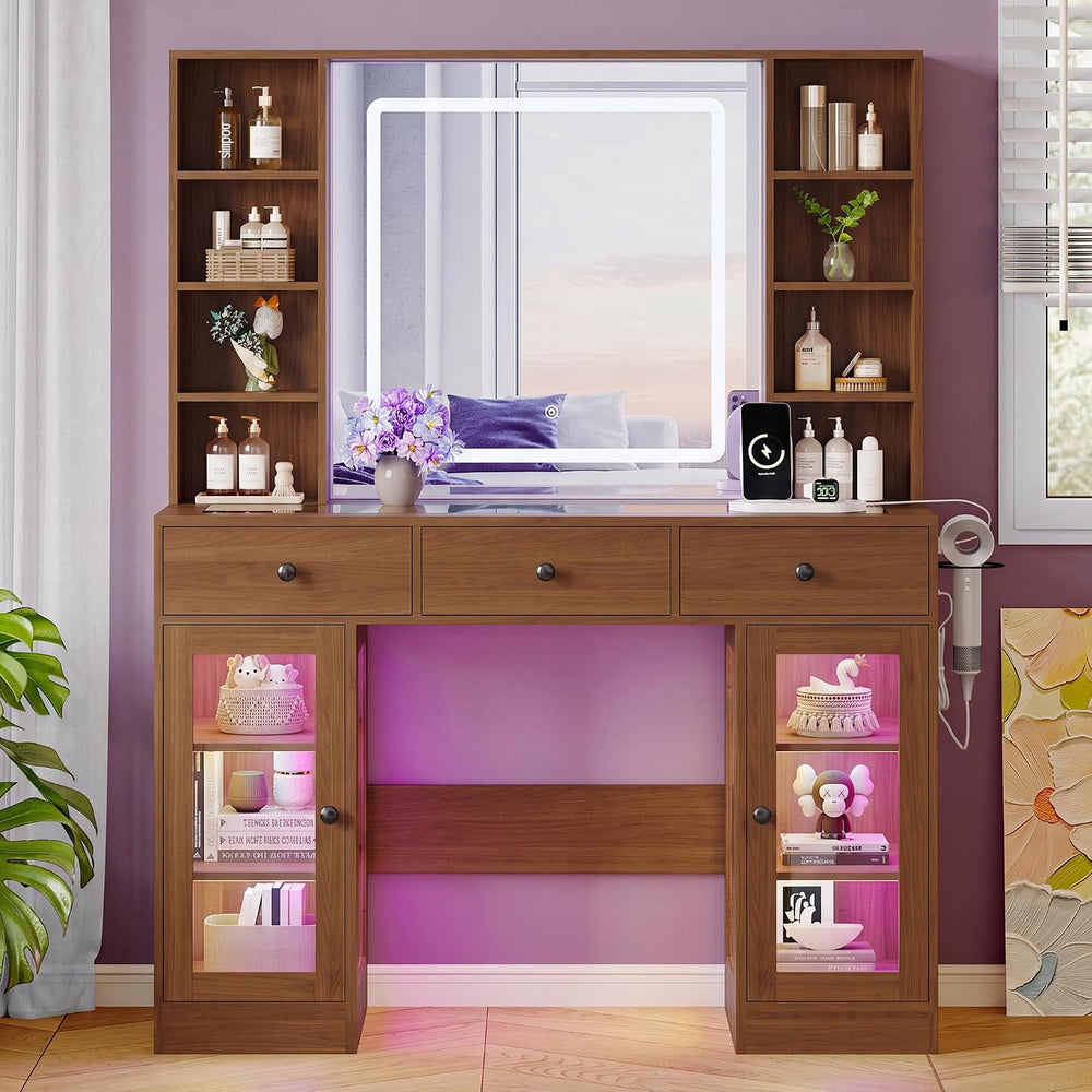 Xixini 43.4" Makeup Vanity Desk with LED Mirror, RGB Glass Cabinets, Wal...
