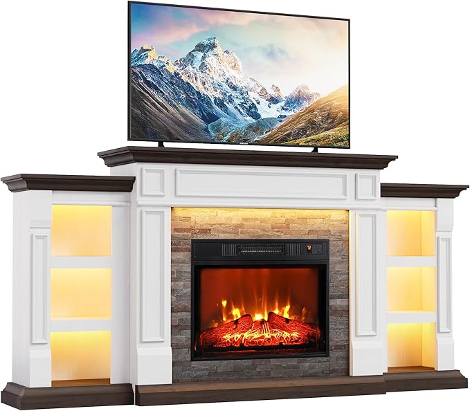 Naice 72" Electric Fireplace with Mantel and Cabinets, LED Light Fireplace TV Stand for TVs up to 80", 3D Realistic Flame Heater with Stacked Stone Surround for Living Room