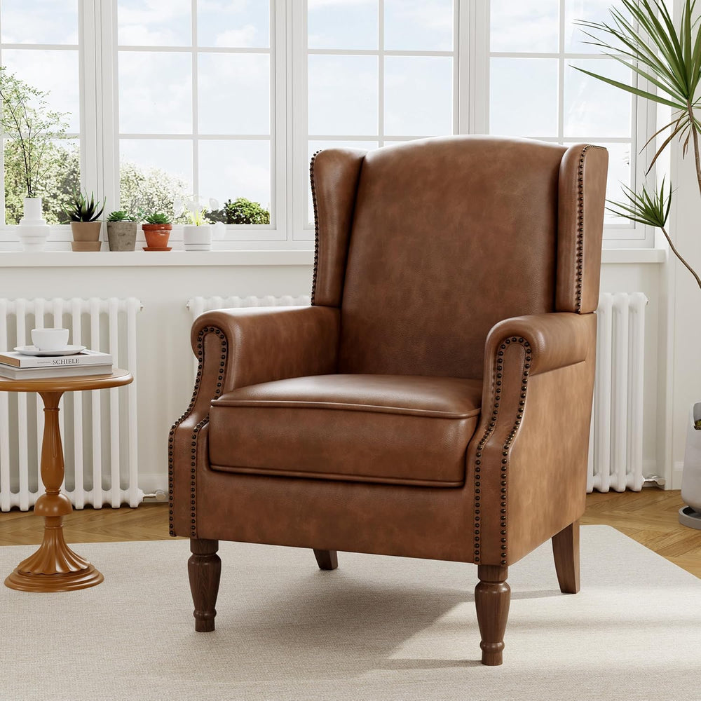 PU Leather High Back Accent Chair, Upholstered Armchair with Solid Wood Legs,...