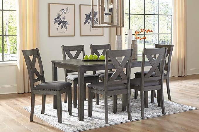 Signature Design by Ashley Caitbrook Rustic 7-Piece Dining Set – Rectangular Table with 6 X-Back Upholstered Chairs, Gray
