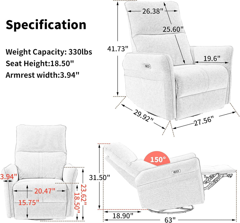 Power Swivel Rocker Recliner Chair with USB Charging Port | PU leather, 270° ...