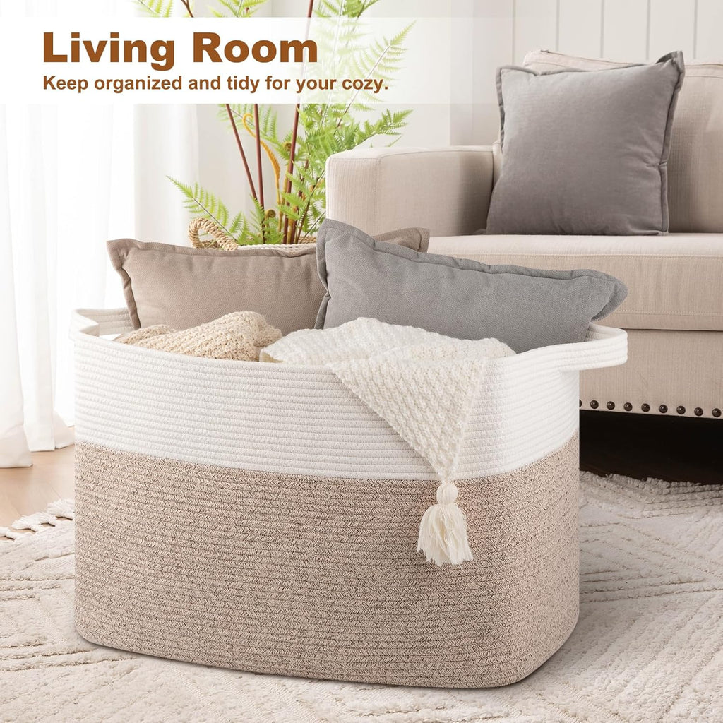 OIASKET 108L Cotton Rope Storage Basket for Living Room and Bedroom 25"x16"x16" Woven Laundry Basket, Heavy Duty Bin for Blankets, Pillows & Toys, Pet-Safe & Scratch-Free, Brown and White