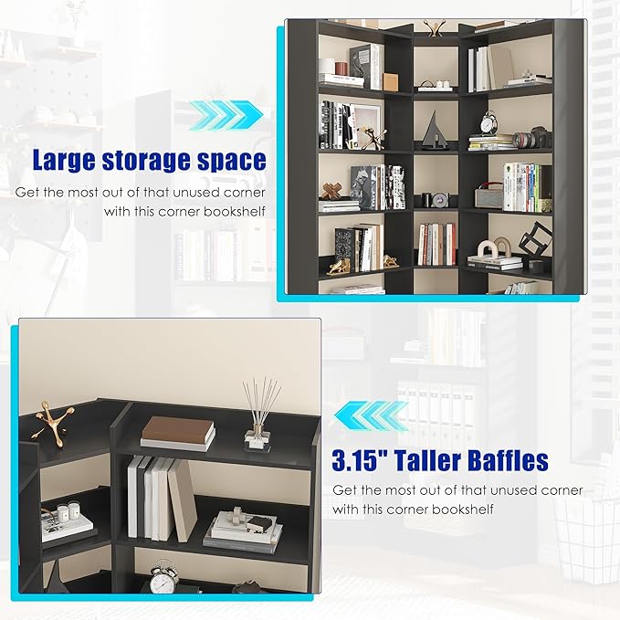 6 Tiers Corner Bookshelf, 63.1" Tall Modern Corner Etagere Bookcase Storage Display Rack Book Shelf with Baffle, Industrial L Shaped Bookshelves for Bedroom, Home Office, Living Room, Black
