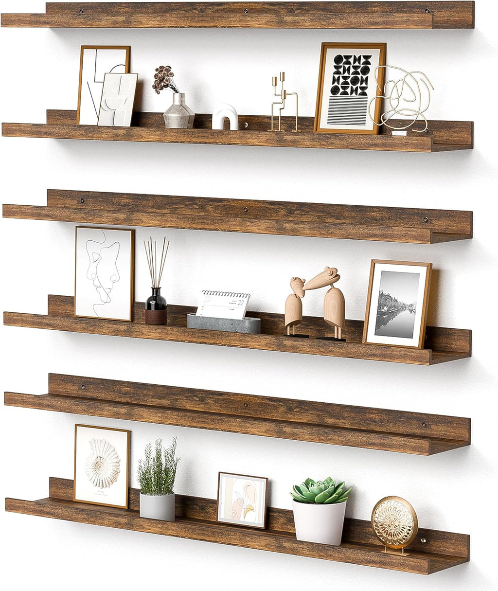 upsimples Floating Shelves for Wall, 35.5 Inch Shelves for Decor Storage Set of 6, Wall Mounted Wood Shelf for Bedroom, Living Room, Bathroom, Kitchen, Long Picture Ledge Shelves, Brown