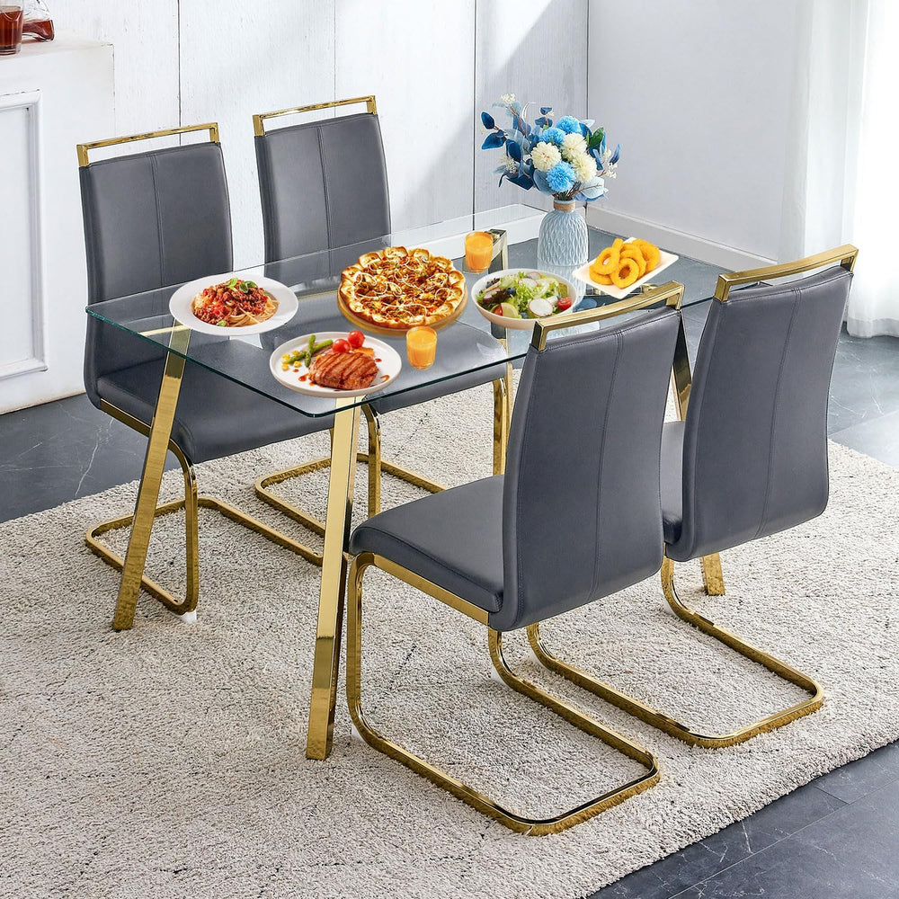 51" Glass Dining Table Set 4 with Gold Metal Leg