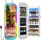 LVSOMT Round Mirror Jewelry Cabinet Door Hang, Jewelry Armoire with Mirror Wall Mounted, Hanging Mirror Jewelry Organizer, Full Length Mirror with Jewelry Storage, RGB Lights