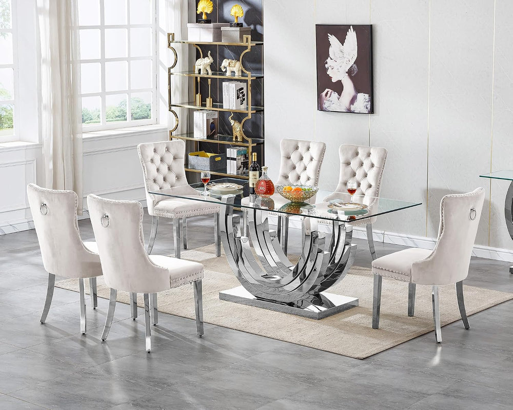 7 Piece Dining Table Set with 6 Beige Dining Chairs, Modern Glass Kitchen Tab...