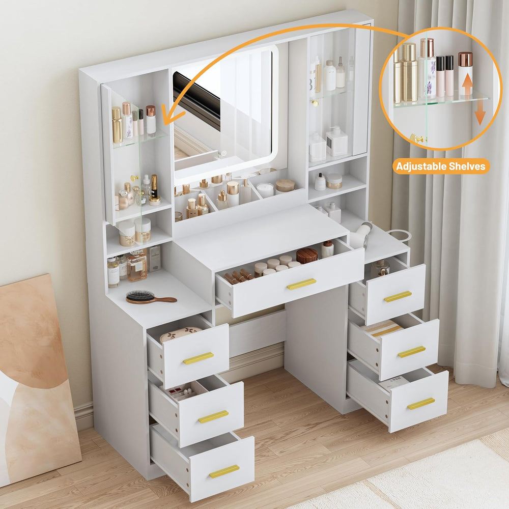 BORNOON Vanity Desk with Mirror and Lights, Makeup Vanity with 7 Drawers, 2 G...