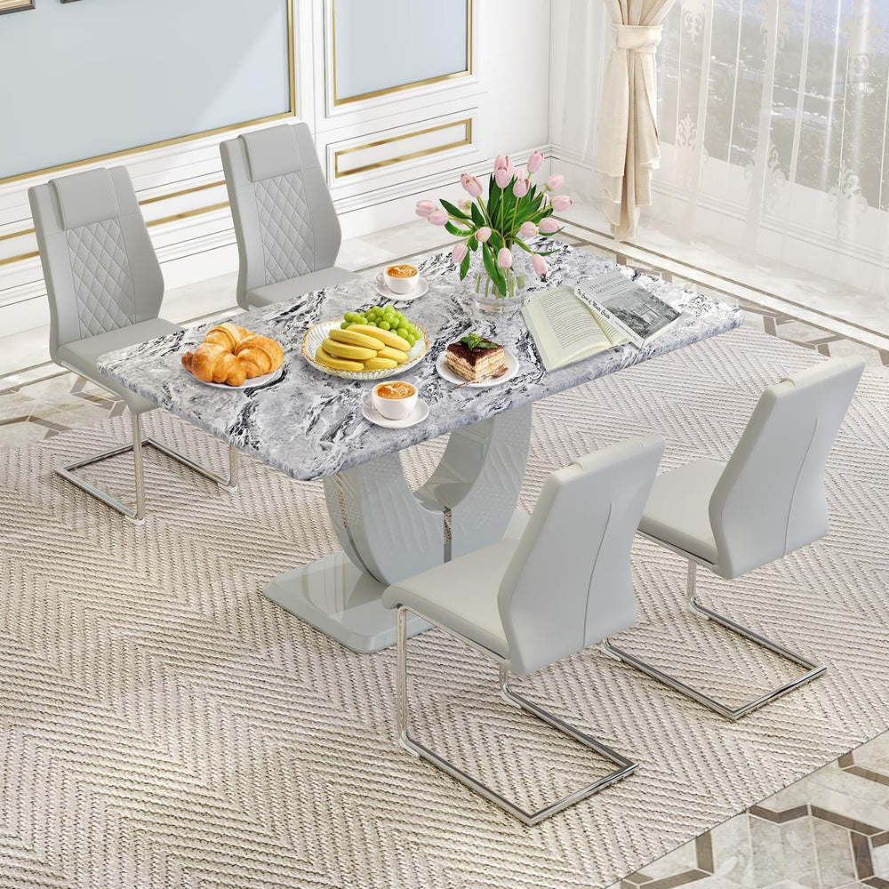 63" Faux Marble Dining Table Set for 4, 5-Piece Rectangular Kitchen Tabl...
