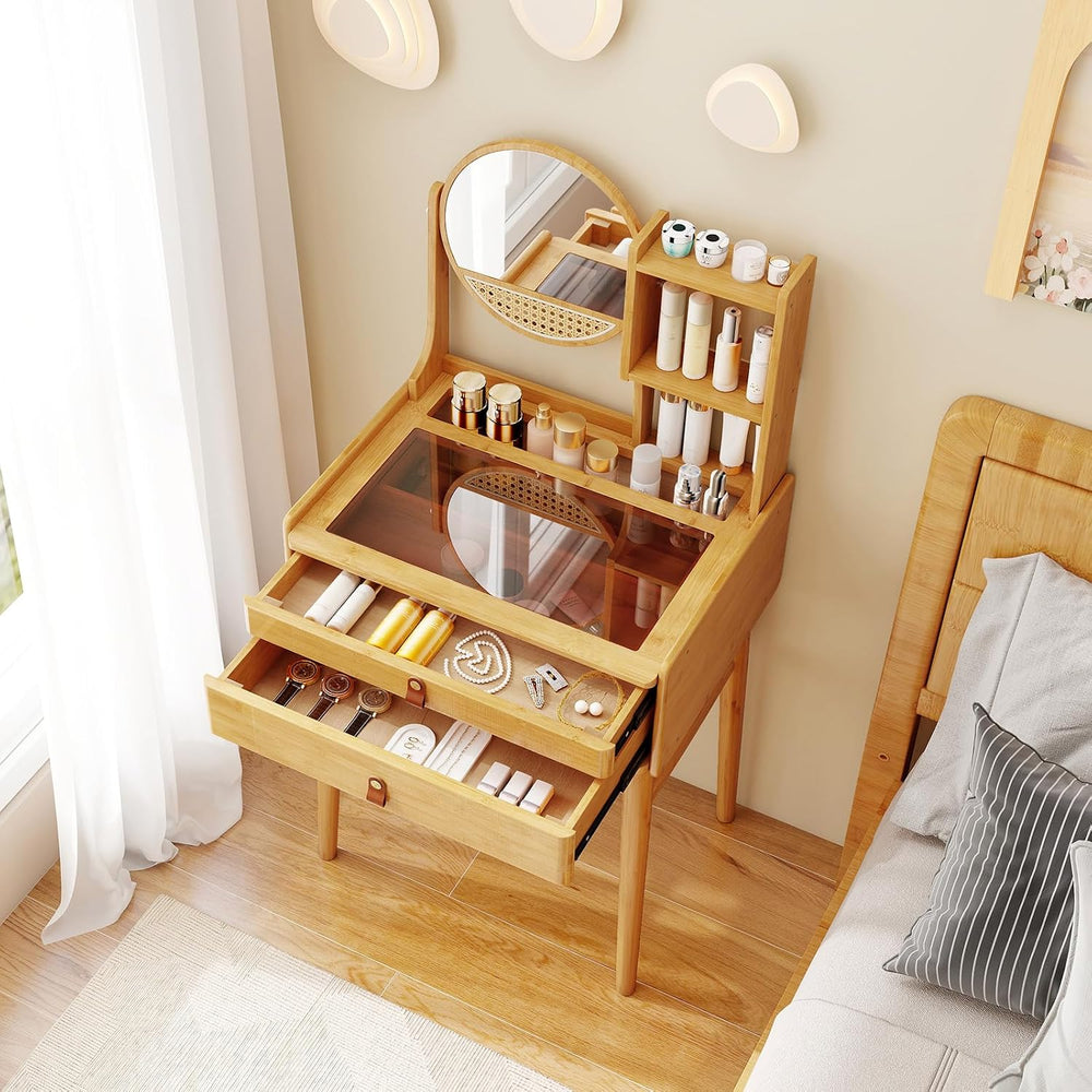GOFLAME Bamboo Vanity Table with Adjustable Mirror, Small Makeup Vanity with ...