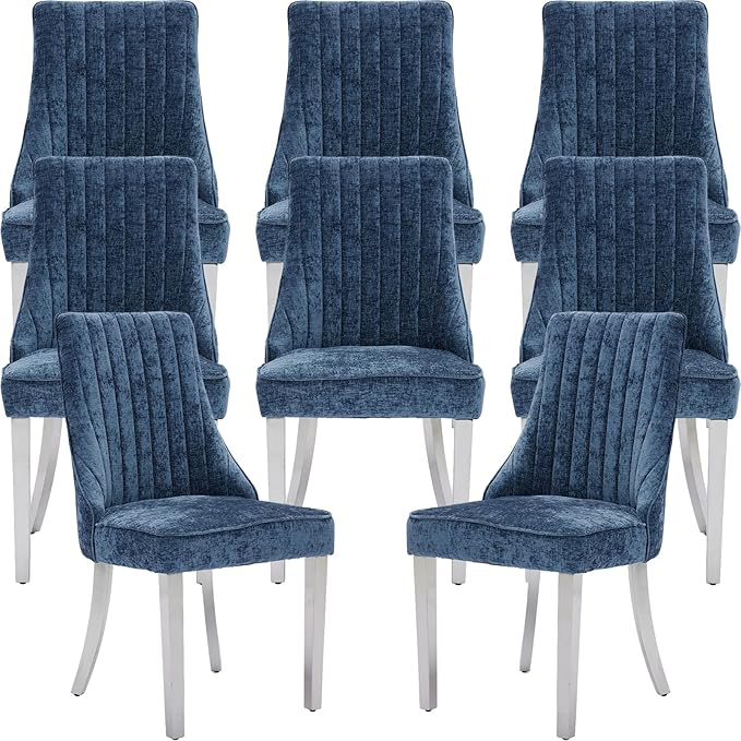 Navy Mid Century Dining Chairs Set of 8, Modern Kitchen & Dining Room Chairs Set of 8, Chenille Fabric Upholstered Kitchen Chairs for Dining Table, Sillas de Comedor, Silver Legs (Blue, 8 Pcs)