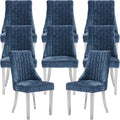 Navy Mid Century Dining Chairs Set of 8, Modern Kitchen & Dining Room Chairs Set of 8, Chenille Fabric Upholstered Kitchen Chairs for Dining Table, Sillas de Comedor, Silver Legs (Blue, 8 Pcs)