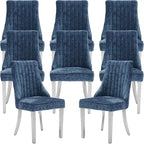 Navy Mid Century Dining Chairs Set of 8, Modern Kitchen & Dining Room Chairs Set of 8, Chenille Fabric Upholstered Kitchen Chairs for Dining Table, Sillas de Comedor, Silver Legs (Blue, 8 Pcs)