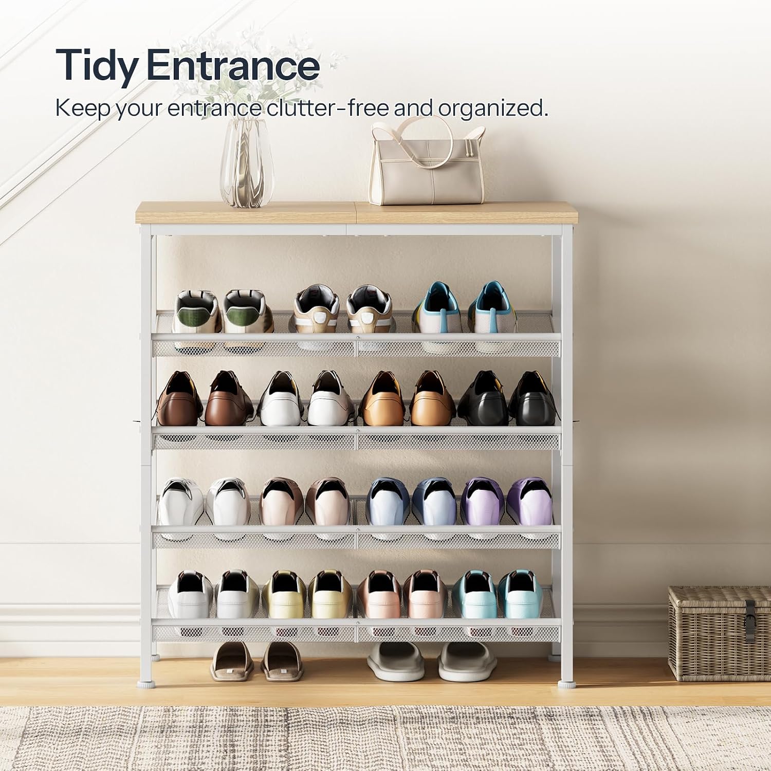 HOOBRO Shoe Rack for Entryway, 5-Tier Shoe Organizer with Adjustable Mesh Shelves, 12-16 Pairs of Shoes, Spacious Floor Mount, Metal, Industrial, Shoe Shelf for Closet, Natural and White WN12XJ01