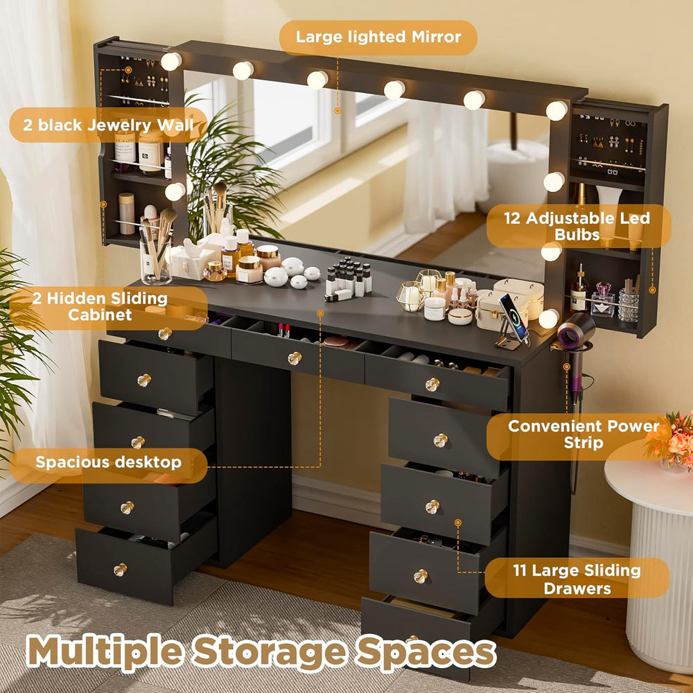 Likein Vanity Desk with Mirror and Lights, Black Vanity with Hidden Jewelry S...