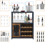 IDEALHOUSE 3-Tier Wine Bar Cabinet with Detachable Wine Rack and Drawer, Industrial Sideboard and Buffet Cabinet with Glass Holder and Mesh Door, Rustic Brown