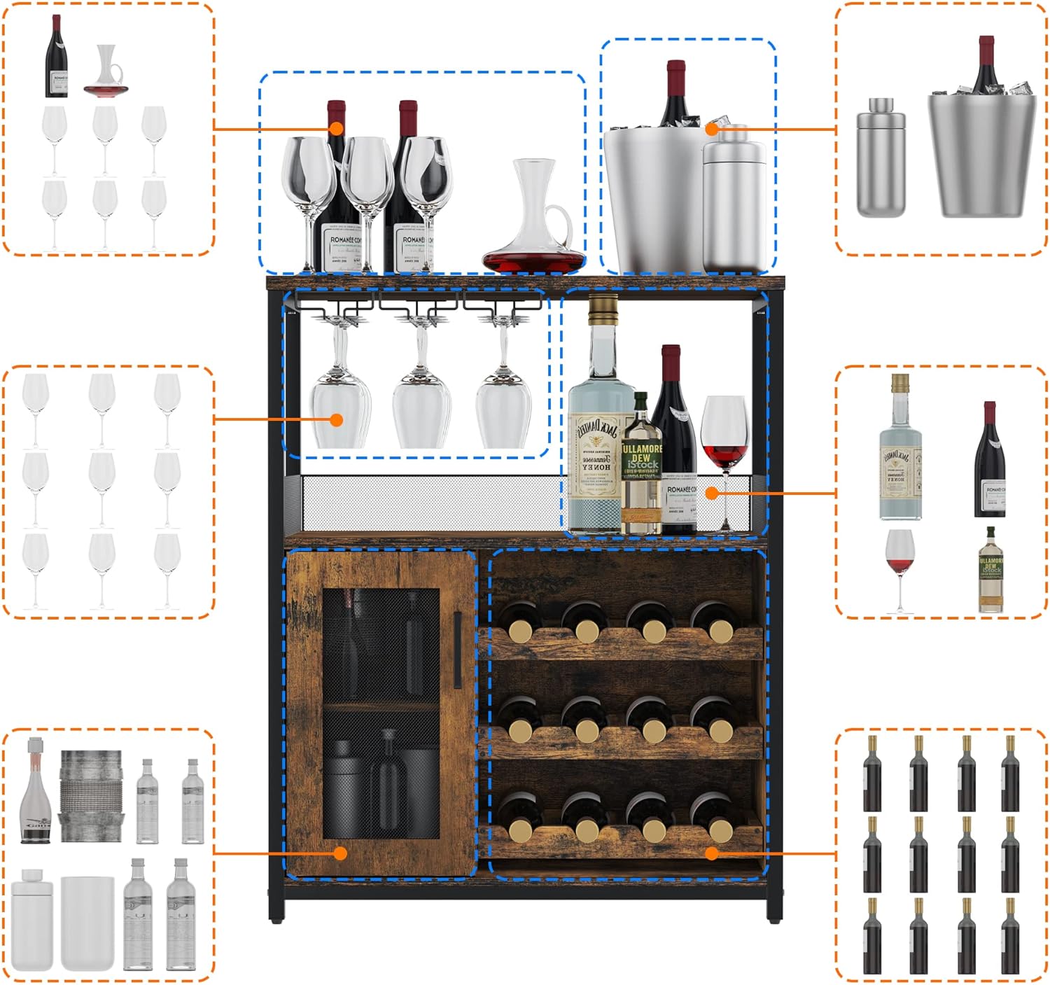 IDEALHOUSE 3-Tier Wine Bar Cabinet with Detachable Wine Rack and Drawer, Industrial Sideboard and Buffet Cabinet with Glass Holder and Mesh Door, Rustic Brown