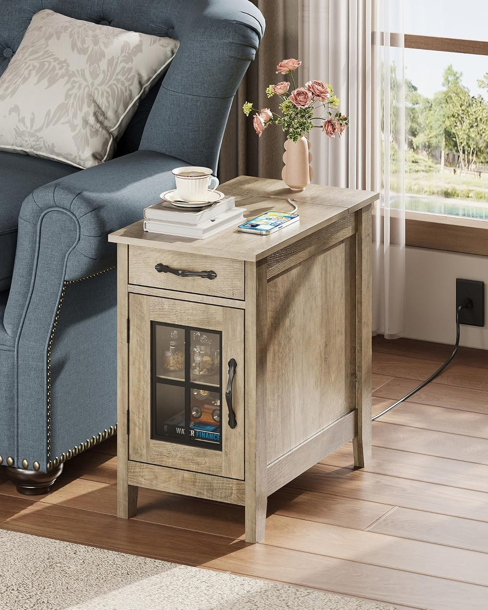 WLIVE End Table with Charging Station, Narrow Side Table for Living Room, Far...