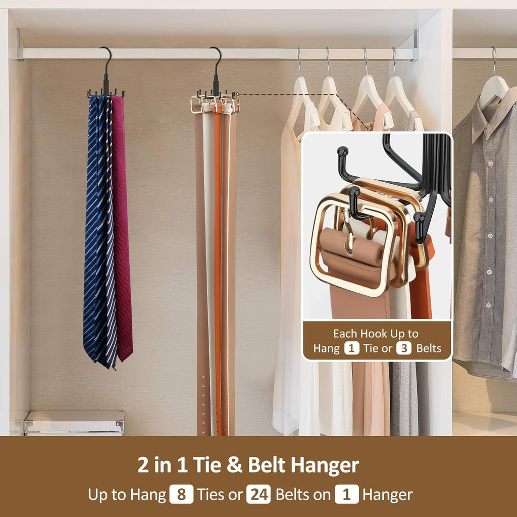 ZEDODIER Tie Hanger for Closet, 2 Pack Rotatable Tie Organizer for Men with 16 Hooks, Heavy Duty Space Saving Tie Rack for Ties and Belts, Black