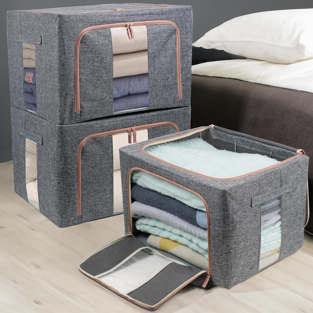 Linen Clothes Storage Bins, 4PCS Sturdy Closet Organizers and Storage Bin with Metal Frame, 2 Opening Ways Fabric Visible Lidded Storage Box for Organizing Clothing,Jeans,Sheets (4PC Gray, 60Liters)