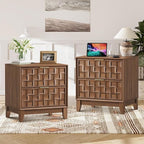 COLAMY Night Stand Set of 2, Nightstand with Charging Station, 22" Modern Bed Side Table with 2 Storage Drawers and Chessboard Relieffor Bedroom, Dorm and Small Spaces - Walnut