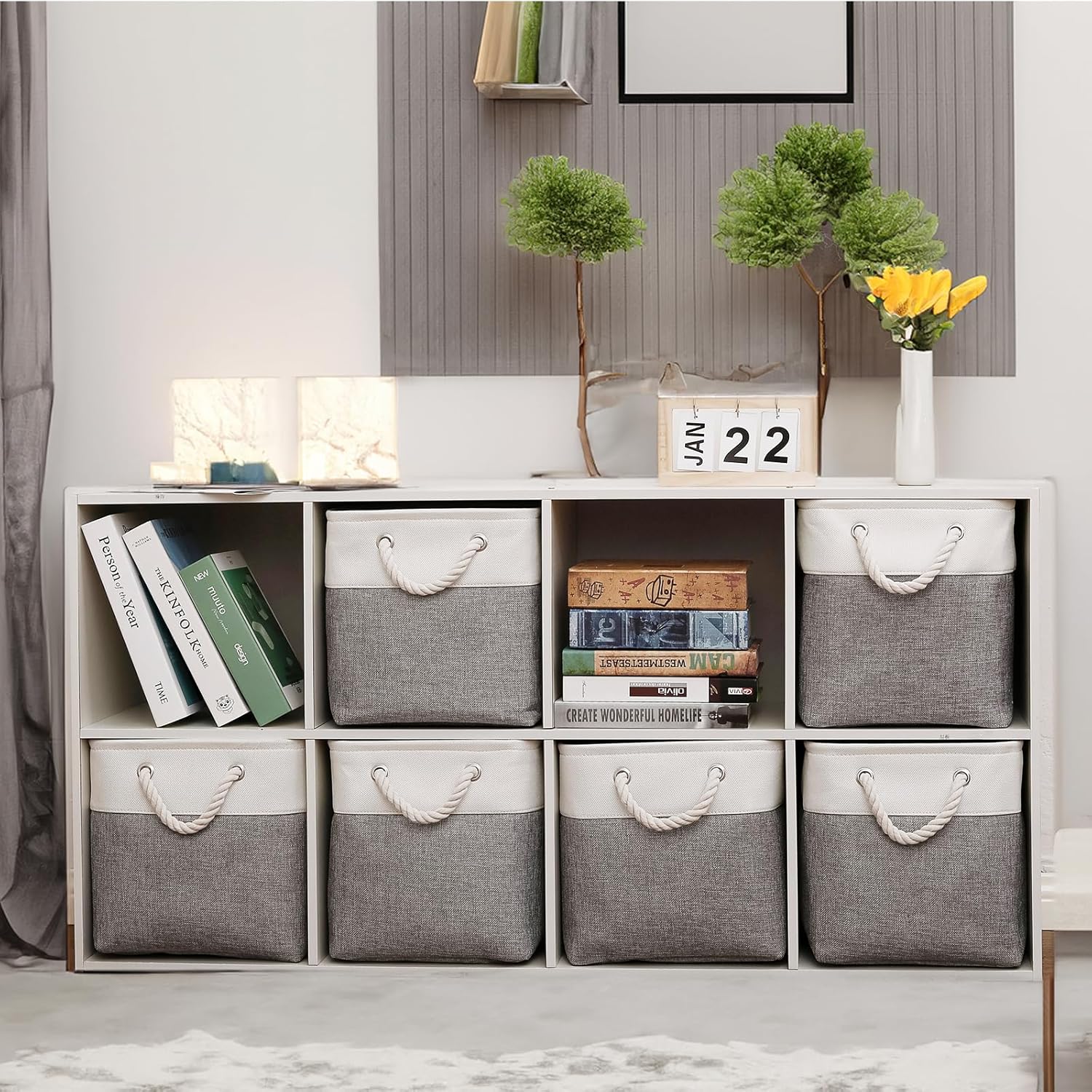 Fabric Storage Bins, 11 inch cube storage bins with Handles, 11x11cube storage organizer bins, Collapsible Storage Bins for Shelves and Home, Cubby Storage Cubes (white-gray, 10.5x10.5x11in)