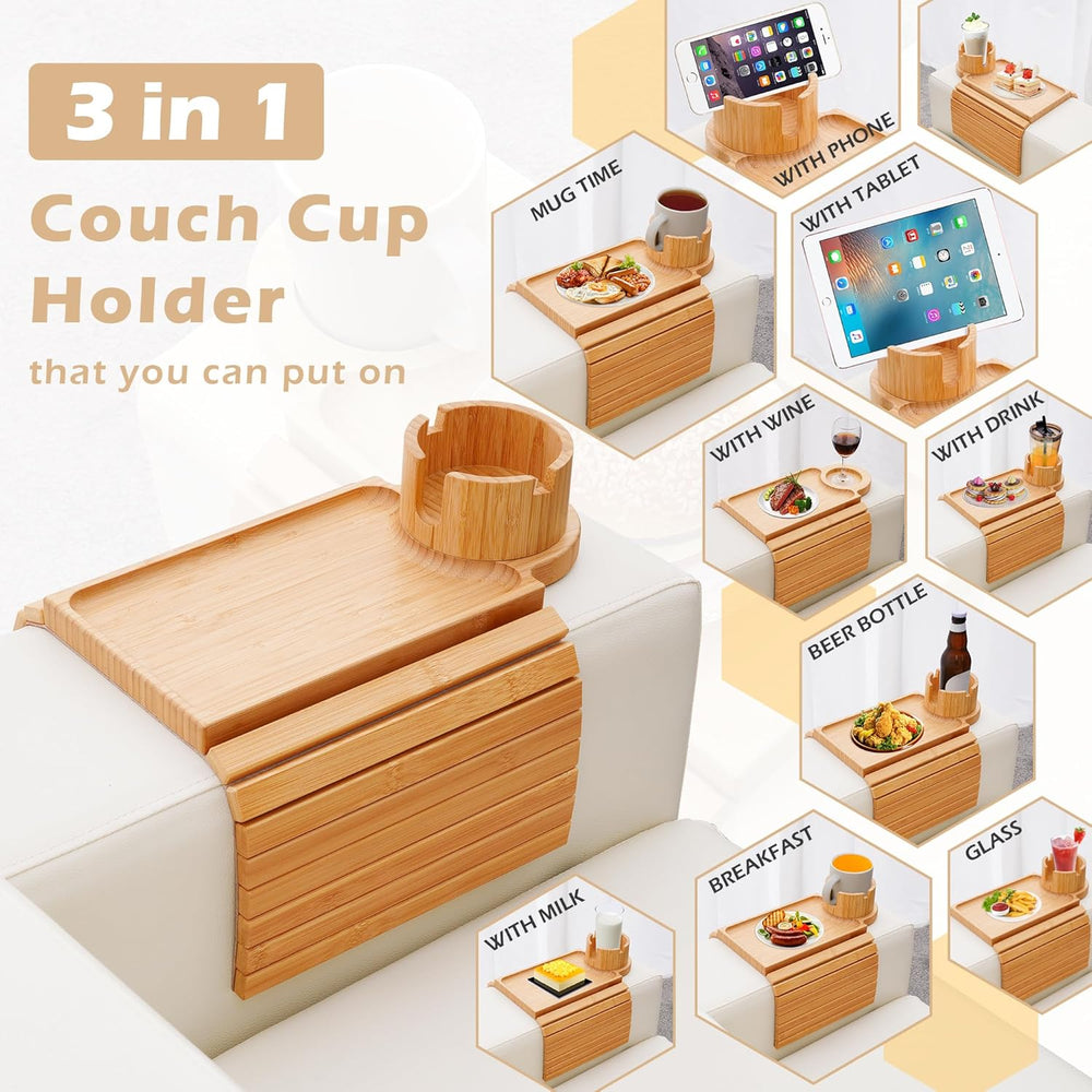 GHKINMAL Couch Cup Holder Tray, 3 in 1 Couch Arm Trays,Large Bamboo Chair Arm...