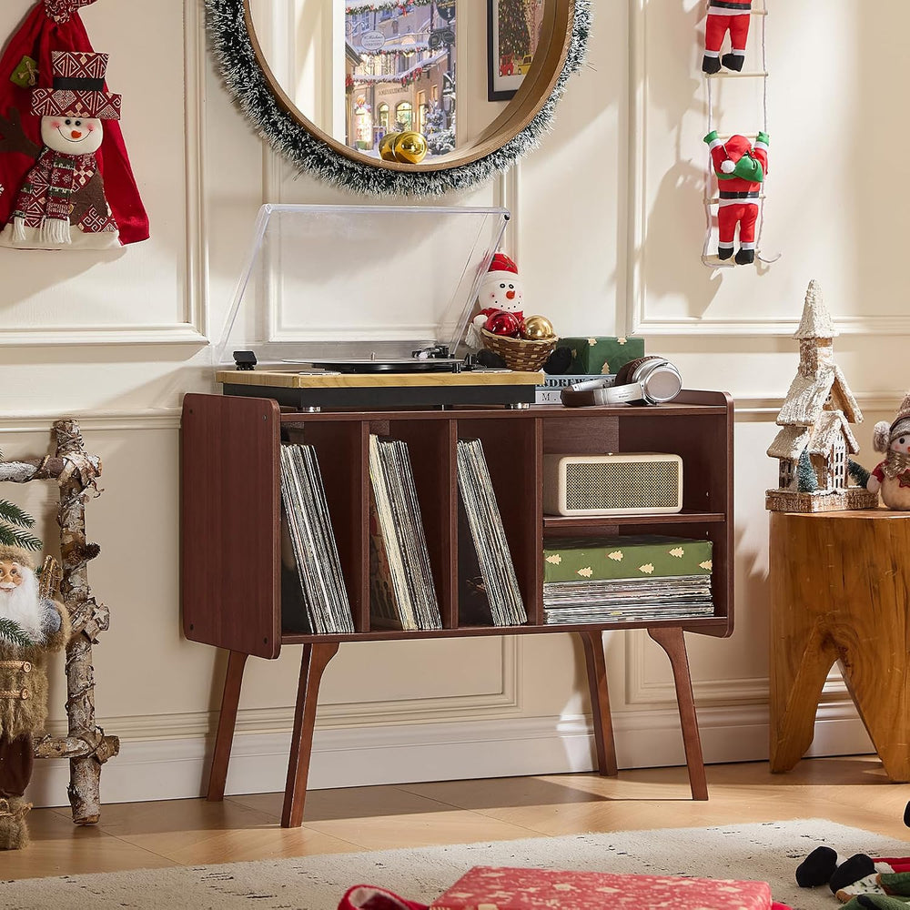 Lerliuo Record Player Stand with 4 Cabinet Holds Up to 220 Albums,Walnut | La...