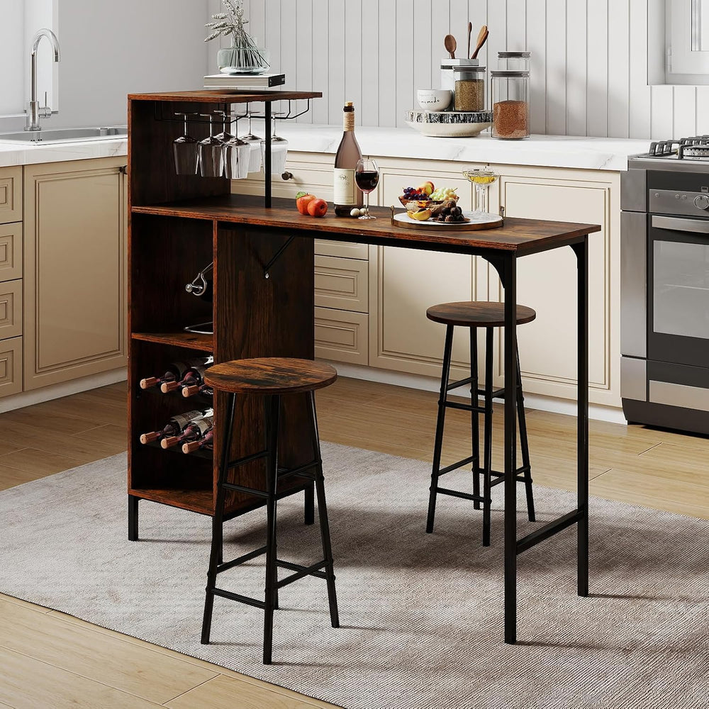 GOFLAME Bar Table Set for 2, Counter Height Dining Table Set with Shelves, Cu...