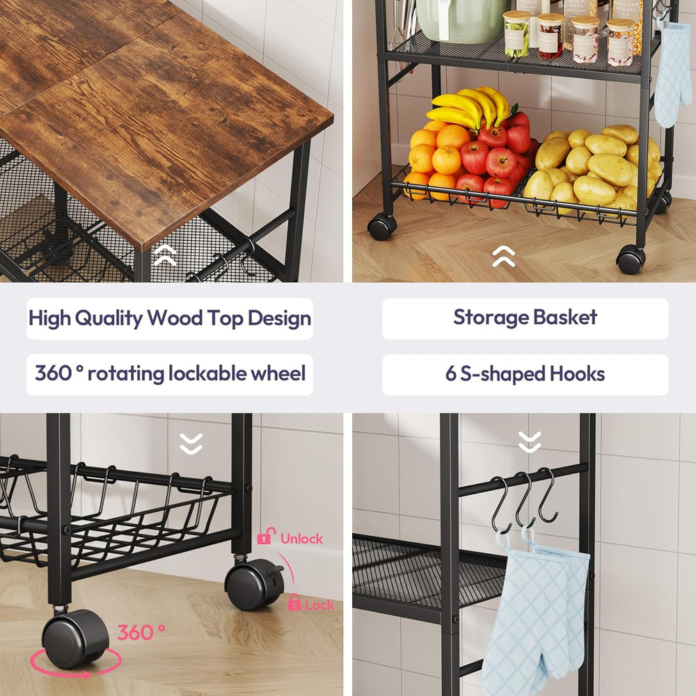SWTYMIKI Rolling Kitchen Microwave Cart - 3 Tier Microwave Table Stand with S...