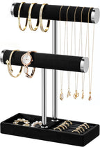 2 Tier Bracelet Holder Display - Detachable T Bar Black and Silver Velvet Bracelet Holder, Jewelry Holder Organizer for Bracelet, Necklace, Earrings, Rings