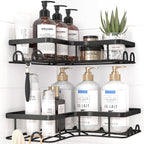 Corner Shower Caddy - 2 Pack, Adhesive Shower Organizers, Rustproof Stainless Steel Shower Shelves with 8 Hooks, No Drilling Bathroom Organizers and Storage Racks, Space-Saving, Black,Medium
