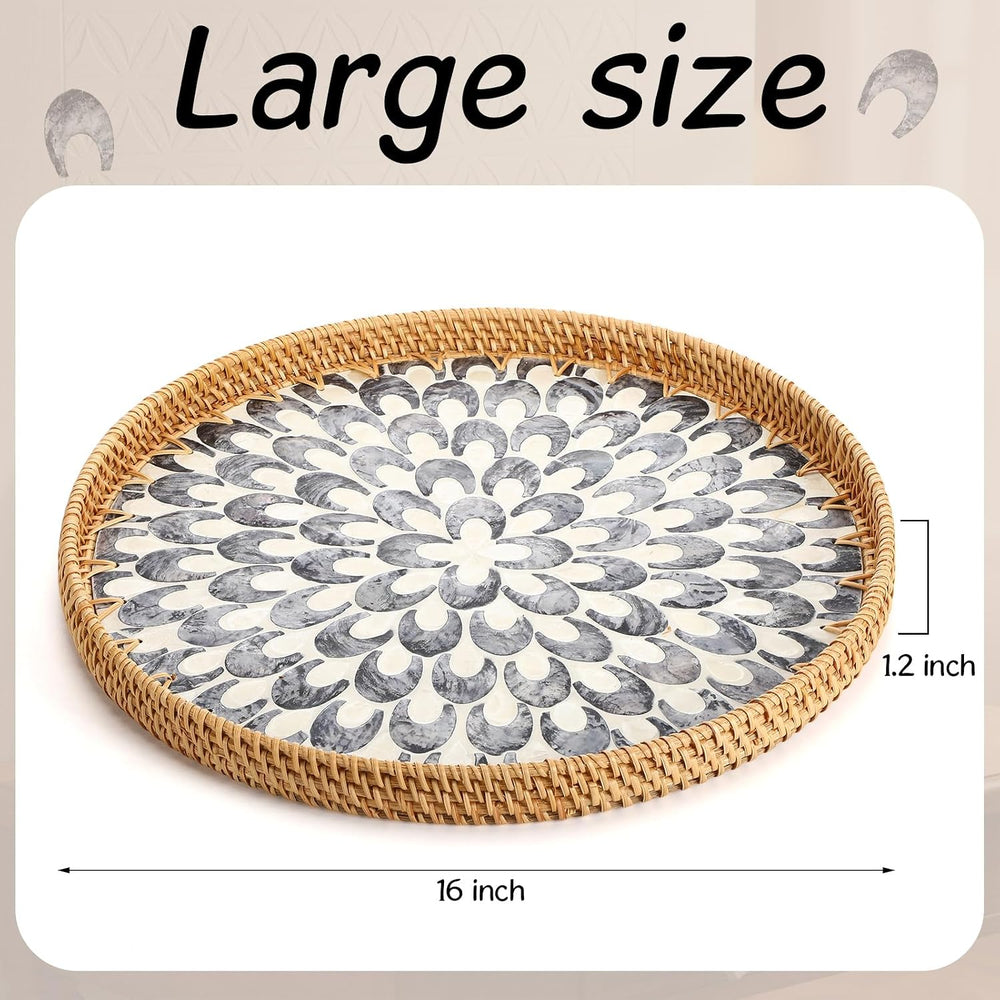 16" Round Rattan Tray Mother of Pearl Inlay Wood Base, Black, Plume