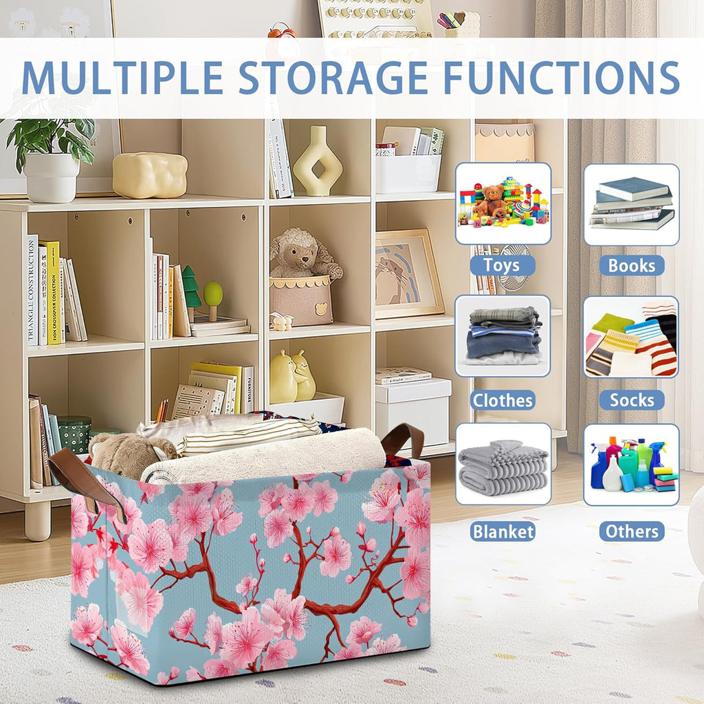 Cherry Blossoms Collapsible Storage Box,Japanese Organizer Bin with Handles for Room Decoration,Bins Book Basket Box 17x11.5x10Inch