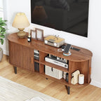 55" TV Stand with Power Outlet, Mid-Century Modern Television Stand, Fluted Media Console with Sliding Doors, Entertainment Center for TVs up to 60 Inch, Adjustable Shelves, Walnut