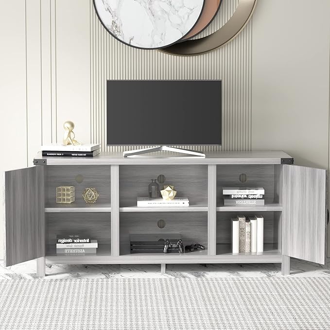 JUMMICO TV Stand, 65 Inch TV Farmhouse Entertainment Center with Double Barn Doors and Storage Cabinets, Console TV Table Media for Living Room, Bedroom (Grey)
