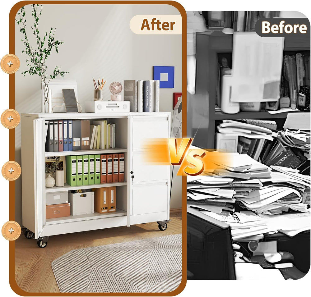 47" Rolling File Storage Locker Cabinet with 3-Drawer，Office Storage Cab...