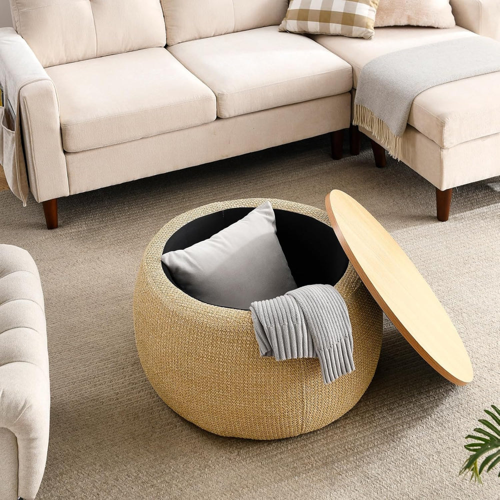 Round Storage Ottoman, 2 in 1 Function, Work as End Table and Ottoman, Natura...
