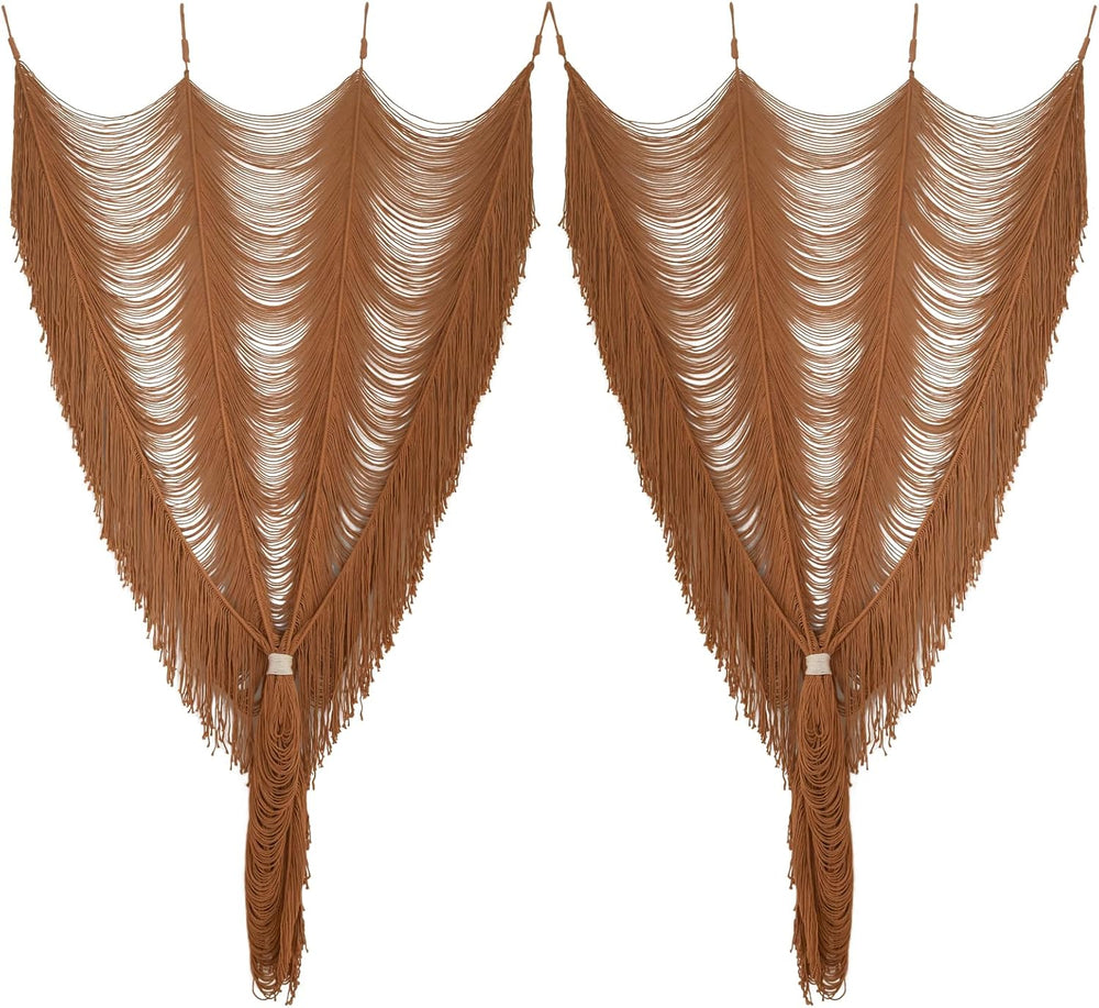 2 Panels Macrame Curtains 59" W x 75" H Handwoven Brown Room Divide...