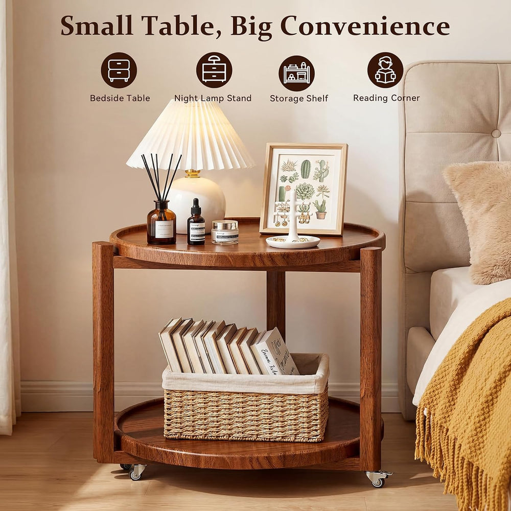 Taitiy Rolling Side Table with Wheels Solid Wood Round End Table with Storage...