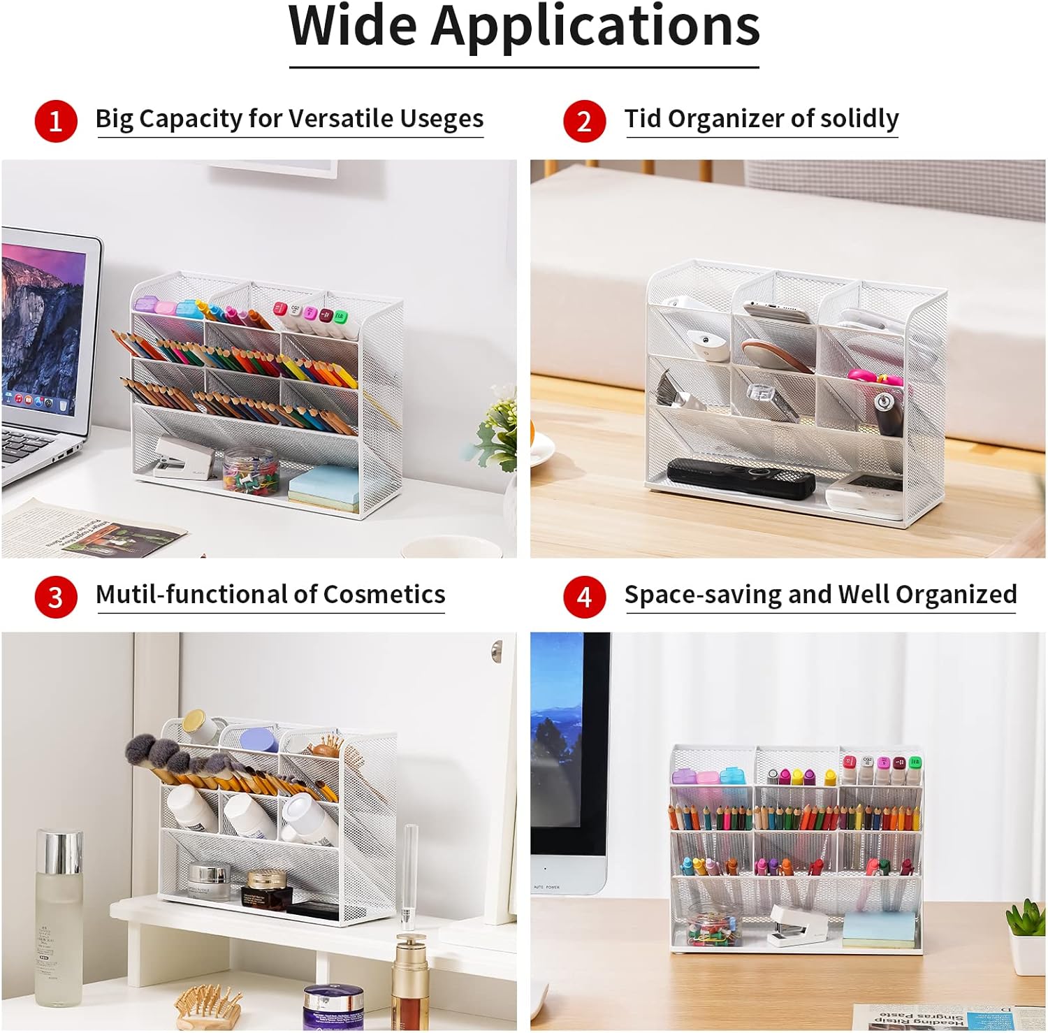 Marbrasse Mesh Desk Organizer, Multi-Functional Pen Holder, Pen Organizer for desk, Desktop Stationary Organizer, Storage Rack for School Home Office Art Supplies (White - Mesh Pen Holder)