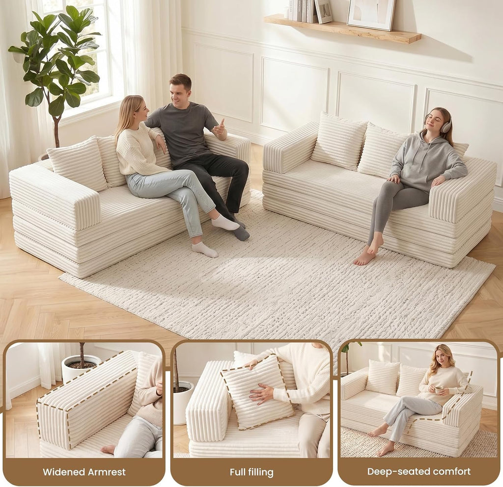 Convertible Sofa Bed,3 Seater Couch Futon Sleeper Sofa with Removable Armrests Backrest,Corduroy Folding Floor Boneless Couch for Living Room,Small Space,Beige