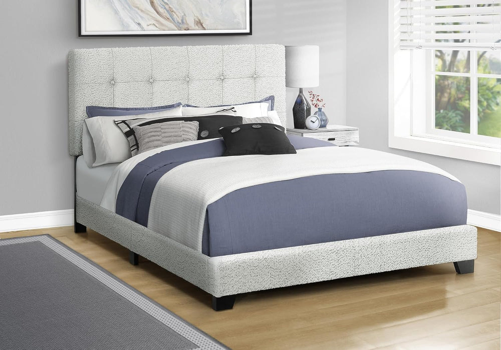 Peanu Queen Bed Frame, Upholstered Tufted Headboard, Light Grey