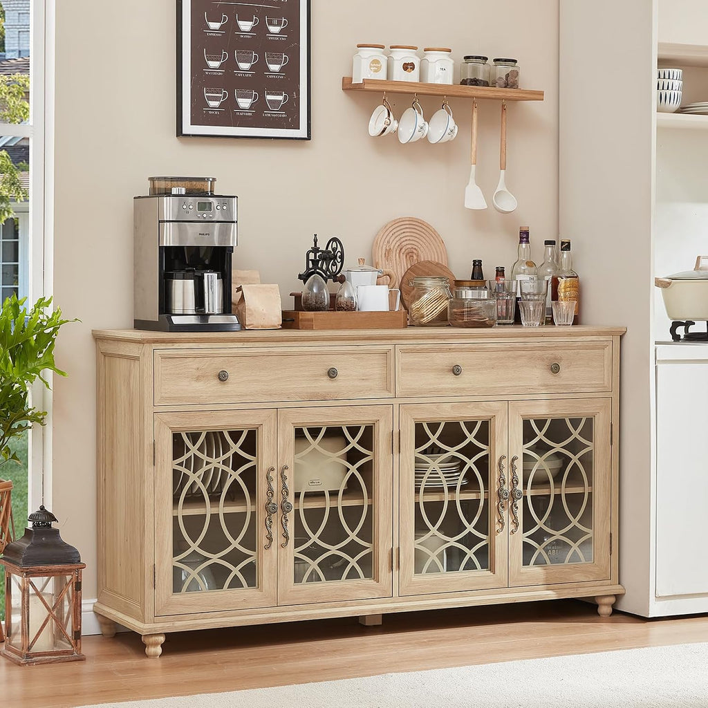 Joaxswe Farmhouse Sideboard Buffet Cabinet with Storage,59" Large Credenza with 4 Glass Doors & 2 Drawers,Adjustable Shelves Console Table,Wood Kitchen Coffee Bar for Dining Room,Living Room,Natural