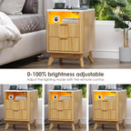 Nightstand with Charging Station, Fluted Nightstand with LED Lights, Modern Rustic Side Table with 2 Storage Drawers, Wooden End Table for Bedroom, Natural Oak