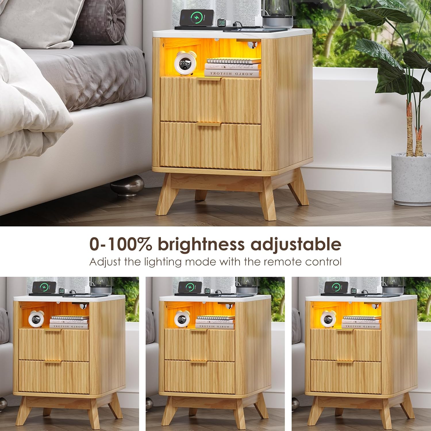 Nightstand with Charging Station, Fluted Nightstand with LED Lights, Modern Rustic Side Table with 2 Storage Drawers, Wooden End Table for Bedroom, Natural Oak