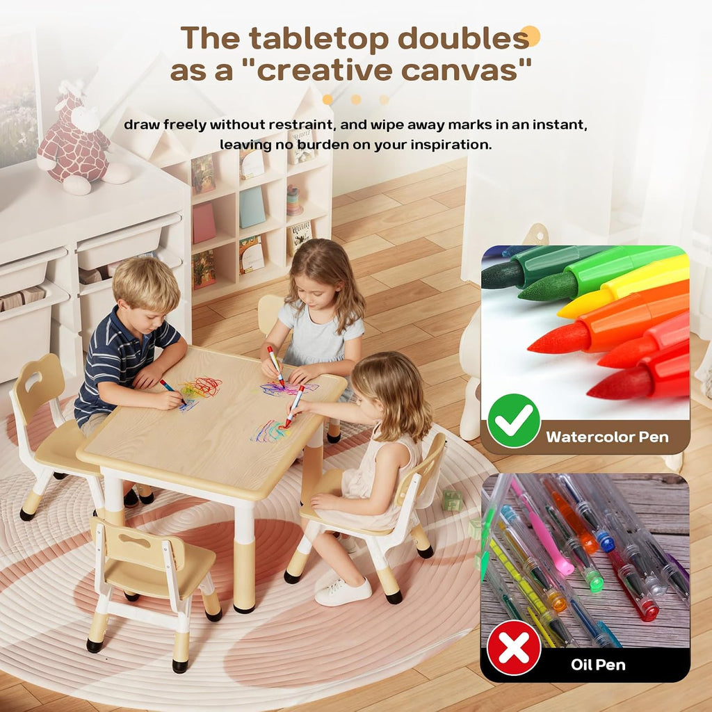 HLPB Kids Table and 4 Chairs Set, Adjustable Height Graffiti Toddler Table | Non-Slip Legs, Children Multi-Activity Table for Ages 2-8, Max 300lbs, Classroom/Daycare/Home, 31.5''L x 23.6''W