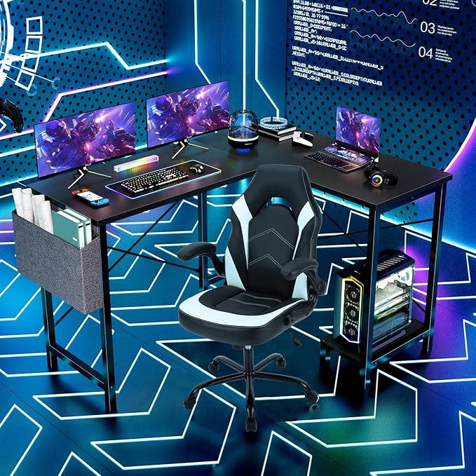 Sweetcrispy L Shaped Desk - Computer Desk Corner Desks Gaming Desk PC Table with CPU Stand Side Bag for Home Office Dorm Sturdy Writing Workstation, Black, 50-Inch